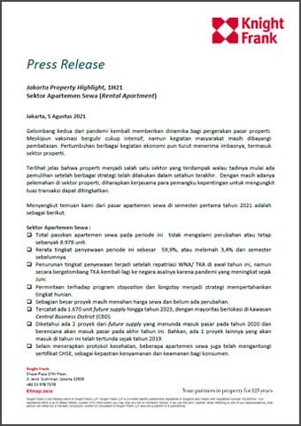 Rilis Pers - Jakarta Property Highlight 1H 2021 Sektor Apartemen Sewa (Rental Apartment) | KF Map Indonesia Property, Infrastructure